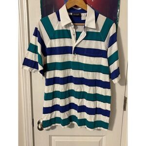 Vintage Jantzen Natural Touch Mens Striped Polo Shirt Teal Blue 60s XL
